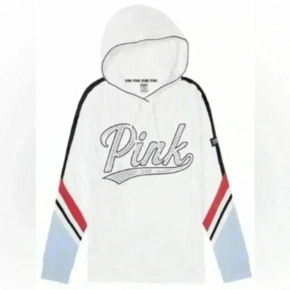 PINK Victoria’s Secret Oversize  Sequin Bling Hoodie Sweatshirt White Blue XS - Picture 1 of 16